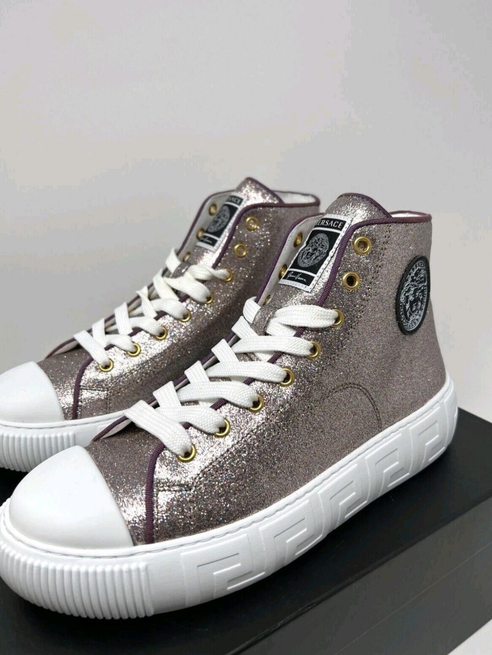Versace Greca HighTop Plum Gold Glitter Sneakers Women's EU 39 / US Size 8.5 - Picture 5 of 10
